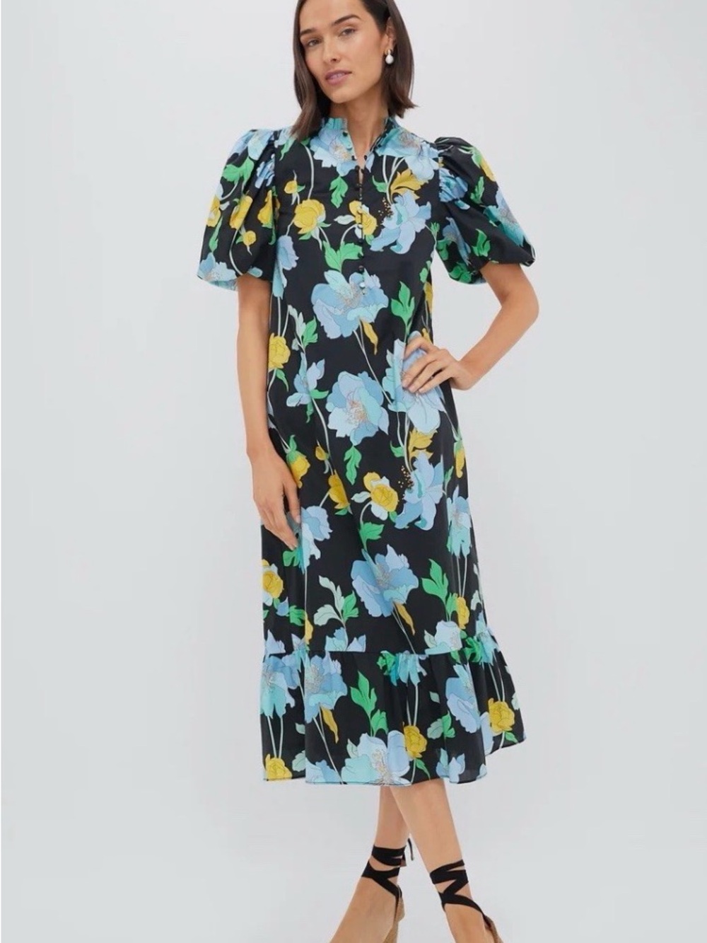 Tuckernuck Black Floral Puff-Sleeve Midi Dress with Blue and Yellow Blooms